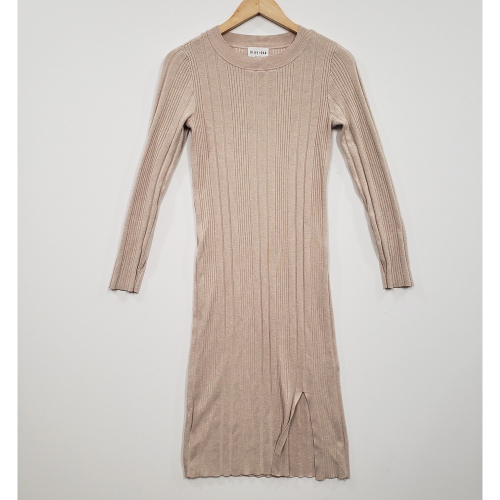 Olive + Oak Ribbed Knit Sweater Dress Womens PM Tan Beige Midi Neutral Capsule